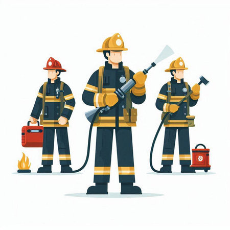 Firefighters in uniform with fire extinguisher and helmet vector illustration.のイラスト素材