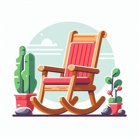 Wooden rocking chair in the garden. Vector illustration in flat styleのイラスト素材