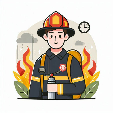 Fireman with fire extinguisher. Vector illustration in flat style.のイラスト素材