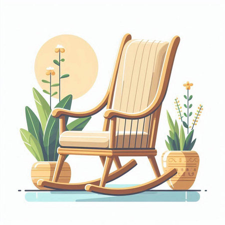 Wooden rocking chair in the garden. Vector illustration in flat styleのイラスト素材