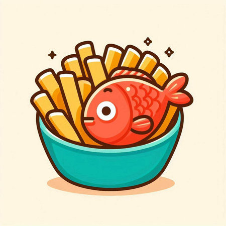 Funny fish and french fries in a bowl. Vector illustration.のイラスト素材