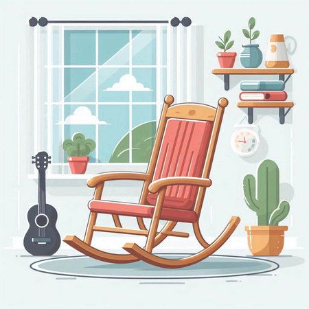 Vector illustration of a rocking chair in a room with a view of the windowのイラスト素材