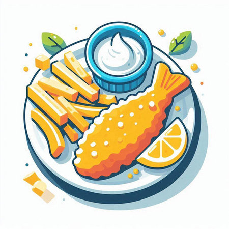Fish and chips with tartar sauce. Vector illustration in cartoon styleのイラスト素材