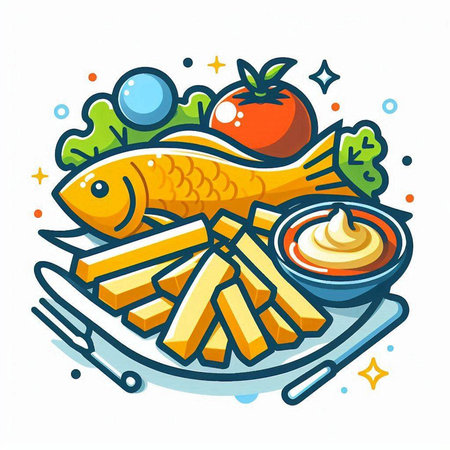 Fish and chips. Vector illustration of a fish with fries and vegetables.のイラスト素材