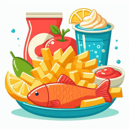 Fried fish with french fries and soda drink. Vector illustration.のイラスト素材