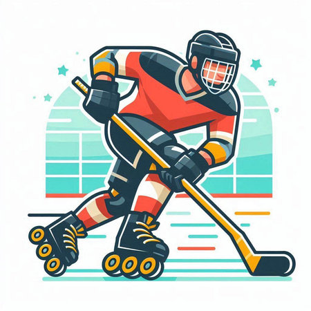 Hockey player in red jersey and helmet on roller skates. Vector illustration.のイラスト素材