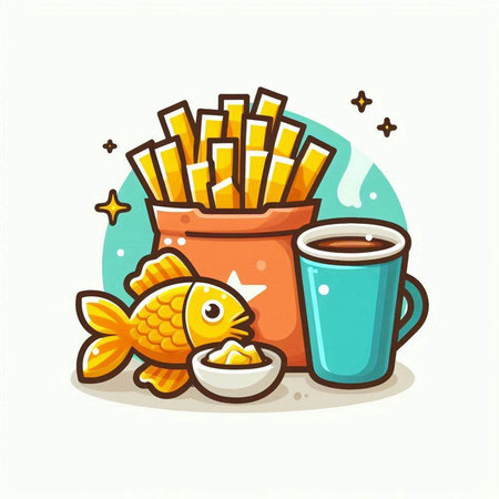 Coffee cup with chips and fish, vector cartoon illustration.のイラスト素材