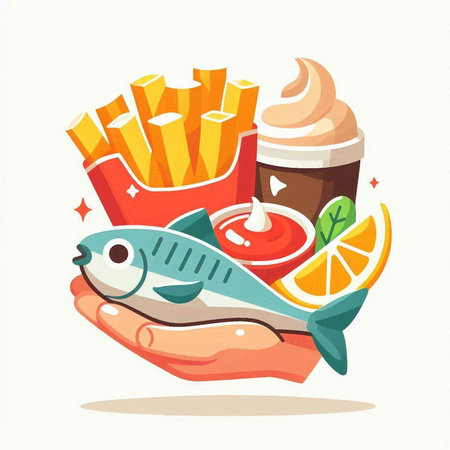 Fried fish, french fries and ice cream. Vector illustration.のイラスト素材
