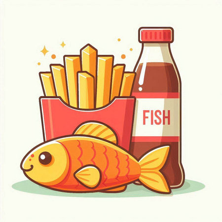 Fried fish with french fries and bottle of ketchup. Vector illustrationのイラスト素材
