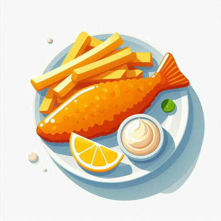 Fried fish with lemon and mayonnaise. Vector illustration.のイラスト素材