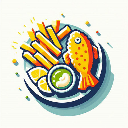 Fried fish with sauce and lemon. Vector illustration in flat styleのイラスト素材