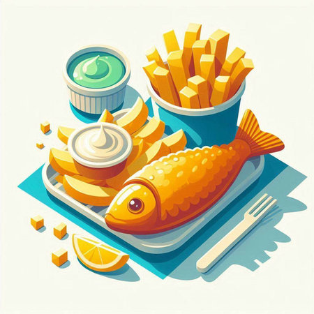 Fish with french fries and mayonnaise on a plate. Vector illustrationのイラスト素材