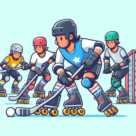 Roller skates and hockey players. Vector illustration in cartoon style.のイラスト素材