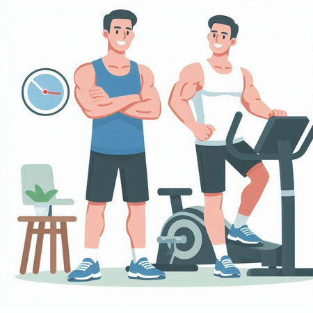 Vector illustration of a man doing exercises on a treadmill in the gymのイラスト素材