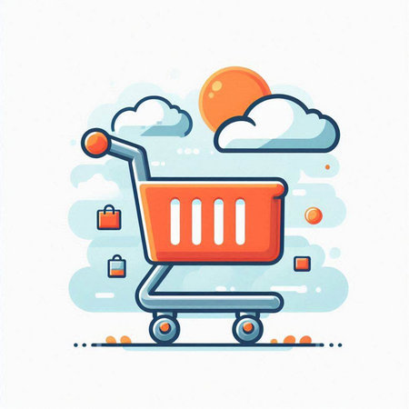 Shopping cart with shopping bags. Vector illustration in flat style.のイラスト素材