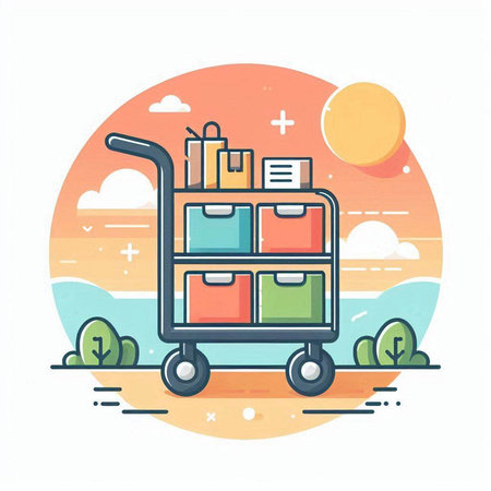 Trolley with luggage on the background of the landscape. Vector illustrationのイラスト素材