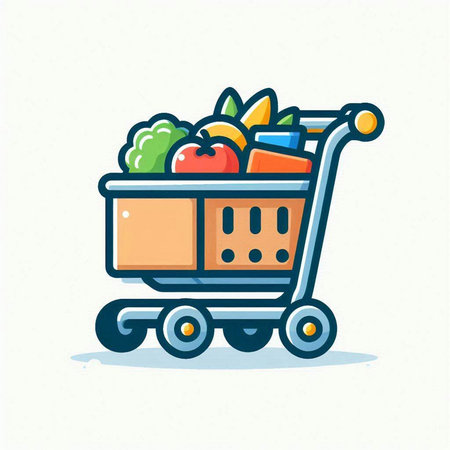 Cart with fruits and vegetables. Vector illustration in flat cartoon style.のイラスト素材