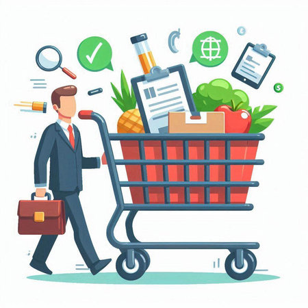 Businessman with shopping cart full of products. Flat style vector illustration.のイラスト素材