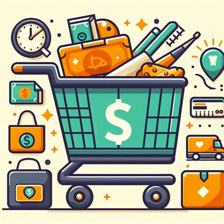 Shopping cart with money icons. Vector illustration in flat style.のイラスト素材