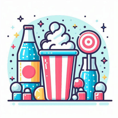 Cinema flat line icon set. Popcorn, soda, lollipop, ice cream. Vector illustrationのイラスト素材