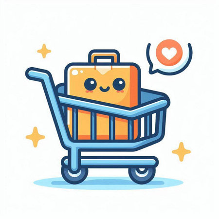 Cute cartoon shopping cart character with smiley face. Vector illustration.のイラスト素材