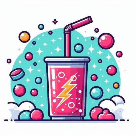 Vector illustration of a cup of cola with a straw and a lightning bolt.のイラスト素材