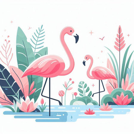 Vector illustration of pink flamingo in the water with tropical plants.のイラスト素材