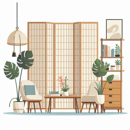 Interior of modern living room with furniture. Flat vector illustration.のイラスト素材