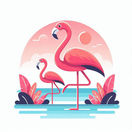 Pink flamingo on the lake. Vector illustration in flat style.のイラスト素材