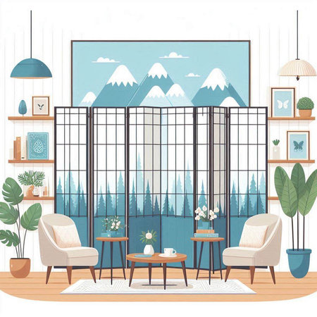 Interior of living room with furniture and view on mountains. Vector illustrationのイラスト素材