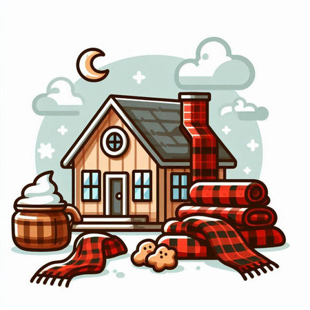 Vector illustration of a house with woolen plaid and a mug of hot drink.のイラスト素材