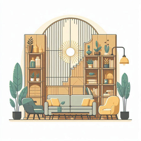 Living room interior with furniture and bookshelf. Vector illustration.のイラスト素材