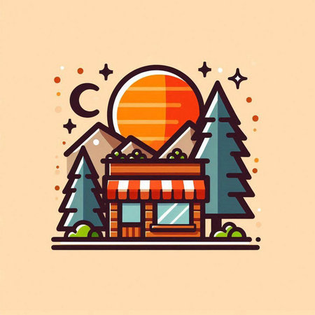 Vector illustration of a log house with awning, trees, moon and stars.のイラスト素材