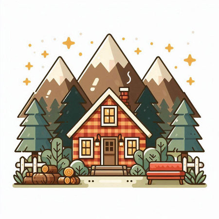 Cottage in the mountains. Vector illustration in a flat style.のイラスト素材
