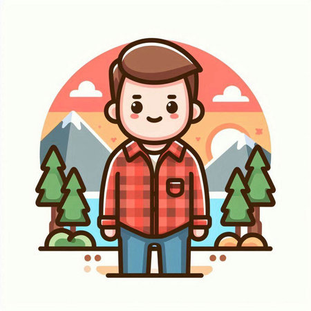 Vector illustration of a man in a plaid shirt and jeans standing in front of the mountainsのイラスト素材