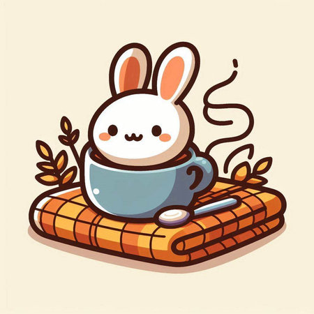 Cute cartoon bunny with a cup of coffee. Vector illustration.のイラスト素材