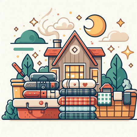 Vector illustration of a house with a picnic basket and camping equipment.のイラスト素材