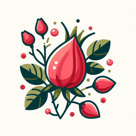 Rose flower vector illustration. Hand drawn rose flower with leaves and berries.のイラスト素材