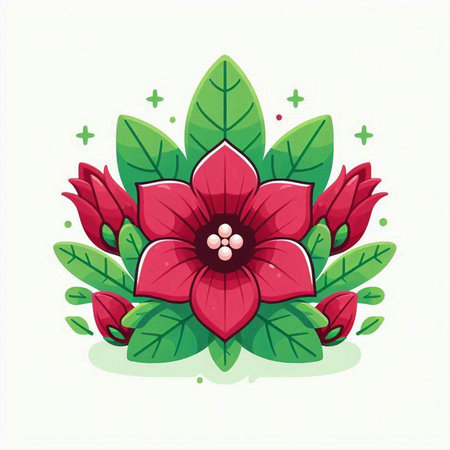 Illustration of a red poinsettia with green leaves on a white backgroundのイラスト素材