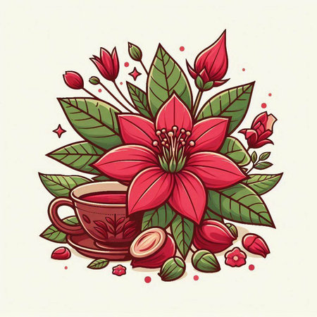Cup of tea with poinsettia flower. Vector illustration.のイラスト素材