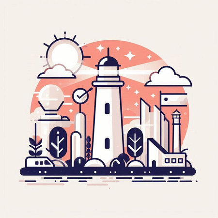 Lighthouse in the middle of the city. Linear style. Vector illustrationのイラスト素材