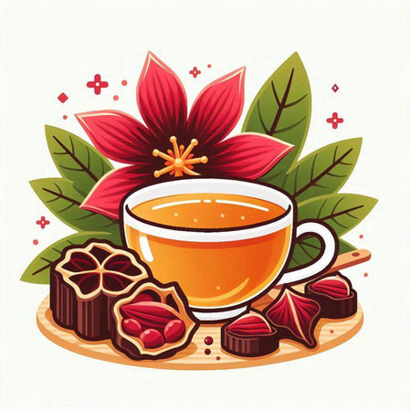 Cup of tea with red flowers and chocolate candies. Vector illustration.のイラスト素材