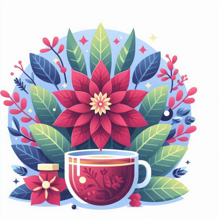 Cup of tea with poinsettia flowers. Vector illustration.のイラスト素材