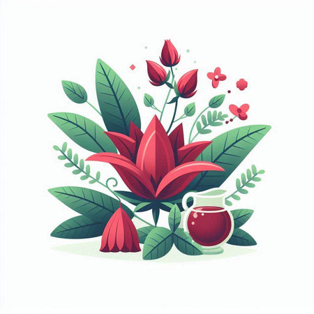 Cup of tea with red flower and leaves. Vector illustration.のイラスト素材