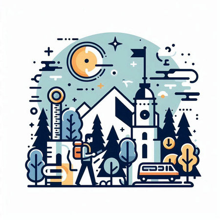 Vector illustration of modern flat line art travel and tourism concept. Landscape with buildings, trees, road and sky.のイラスト素材