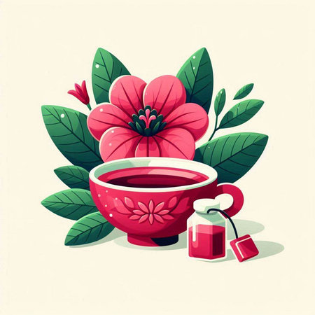 Cup of tea with a red flower and green leaves. Vector illustration.のイラスト素材