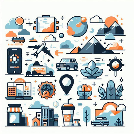 Modern flat line icons set for travel and tourism. Vector illustration.のイラスト素材