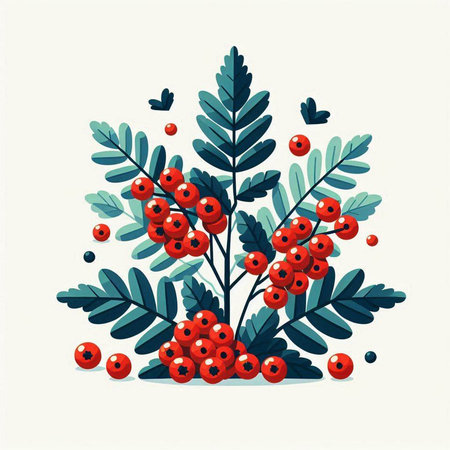 Christmas tree branch with red berries and leaves. Vector illustration in flat style.のイラスト素材