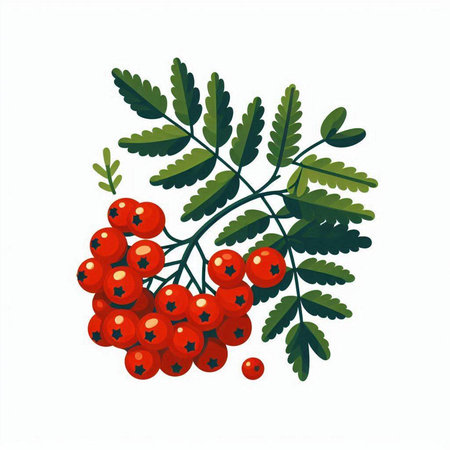 Sorbus aucuparia branch with red berries. Vector illustration.のイラスト素材