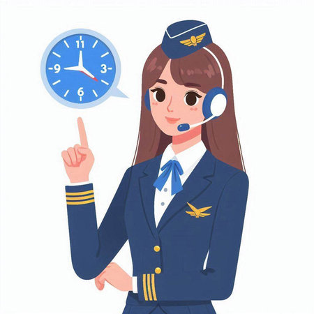 Air hostess with a clock on a white background. Vector illustration.のイラスト素材